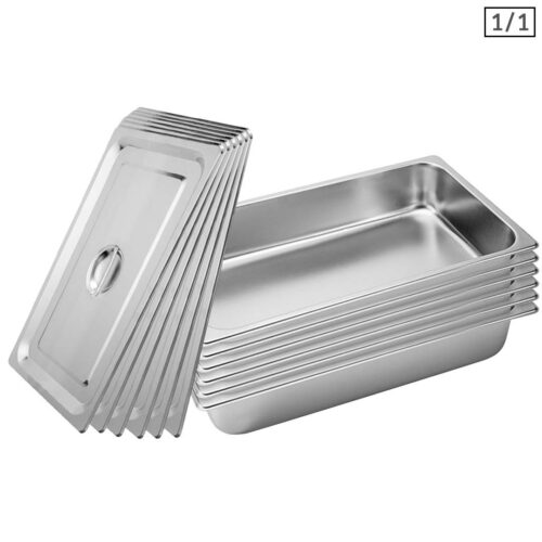 6X Gastronorm GN Pan Full Size 1/1 GN Pan 10cm Deep Stainless Steel Tray with Lid