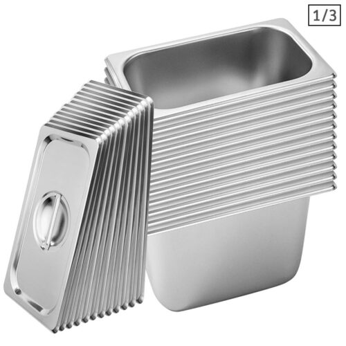 12x Gastronorm GN Pan Full Size 1/3 GN Pan 20cm Deep Stainless Steel Tray with Lid