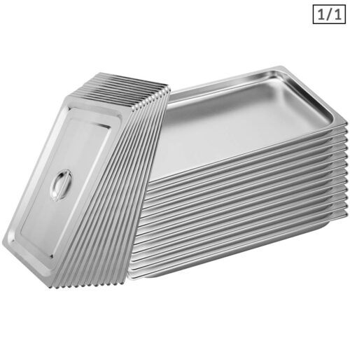 12x Gastronorm GN Pan Full Size 1/1 GN Pan 2cm Deep Stainless Steel Tray with Lid