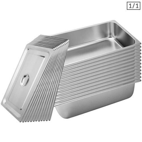 12x Gastronorm GN Pan Full Size 1/1 GN Pan 15cm Deep Stainless Steel Tray with Lid