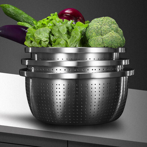 Stainless Steel Nesting Basin Colander Sink Washing Bowl Metal Basket Strainer Set of 3 - Image 4