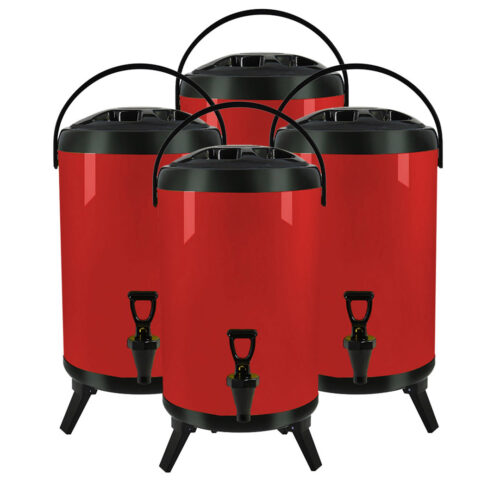 4x 10L Stainless Steel Insulated Drink Barrel Hot Cold Beverage Dispenser with Faucet Red
