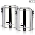 2x 35L Stainless Steel Insulated Stock Pot Dispenser Hot Cold Beverage Container with Tap