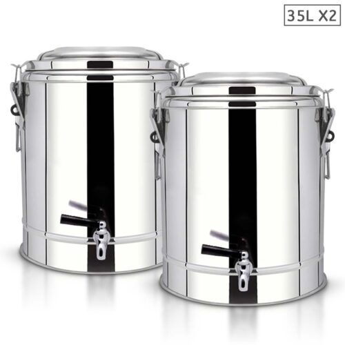 2x 35L Stainless Steel Insulated Stock Pot Dispenser Hot Cold Beverage Container with Tap