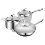 6 Piece Cookware Set 18/10 Stainless Steel 3-Ply Frying Pan Milk Soup Pot with Lid