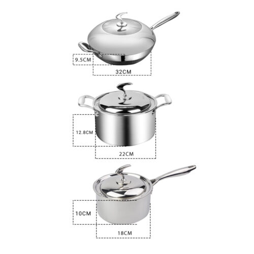 6 Piece Cookware Set 18/10 Stainless Steel 3-Ply Frying Pan Milk Soup Pot with Lid - Image 2