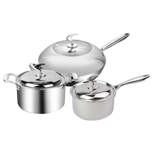 6 Piece Cookware Set 18/10 Stainless Steel 3-Ply Frying Pan Milk Soup Pot with Lid - Image 3