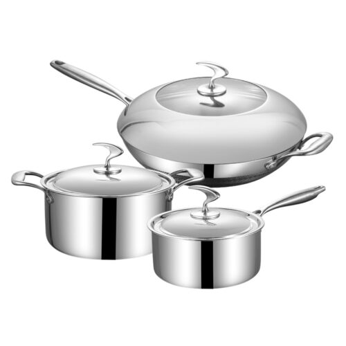 6 Piece Cookware Set 18/10 Stainless Steel 3-Ply Frying Pan Milk Soup Pot with Lid - Image 4