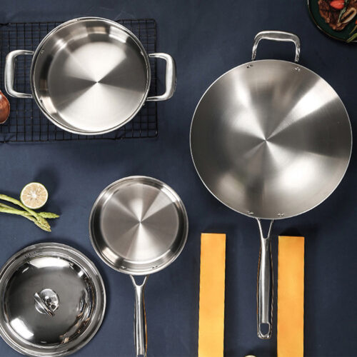 6 Piece Cookware Set 18/10 Stainless Steel 3-Ply Frying Pan Milk Soup Pot with Lid - Image 6