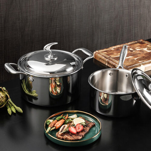 6 Piece Cookware Set 18/10 Stainless Steel 3-Ply Frying Pan Milk Soup Pot with Lid - Image 9