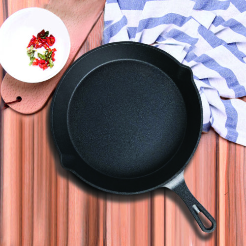 26cm Round Cast Iron Frying Pan Skillet Steak Sizzle Platter with Handle - Image 2