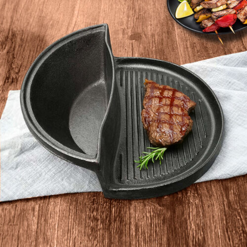 2 in 1 Cast Iron Ribbed Fry Pan Skillet Griddle BBQ Steamboat Hot Pot - Image 2