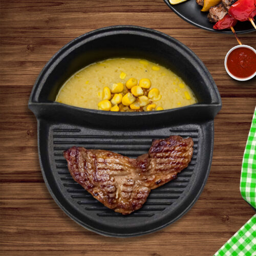 2 in 1 Cast Iron Ribbed Fry Pan Skillet Griddle BBQ Steamboat Hot Pot - Image 3