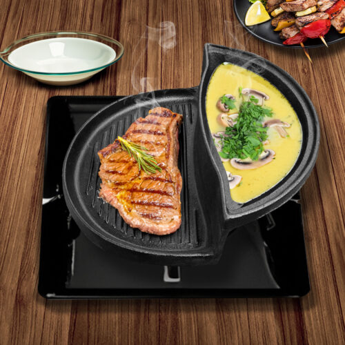 2 in 1 Cast Iron Ribbed Fry Pan Skillet Griddle BBQ Steamboat Hot Pot - Image 6