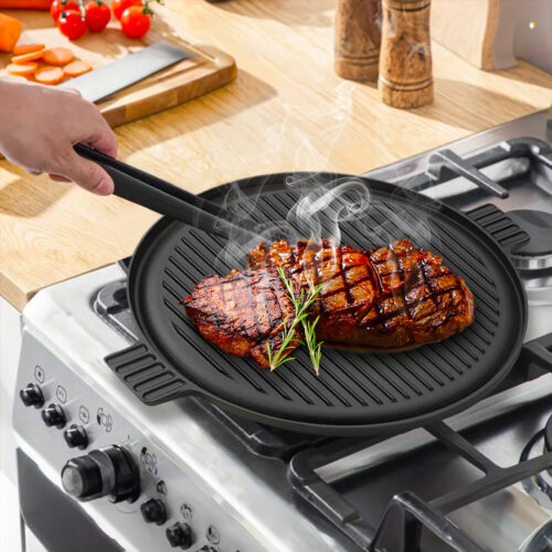 43cm Round Ribbed Cast Iron Frying Pan Skillet Steak Sizzle Platter with Handle - Image 5
