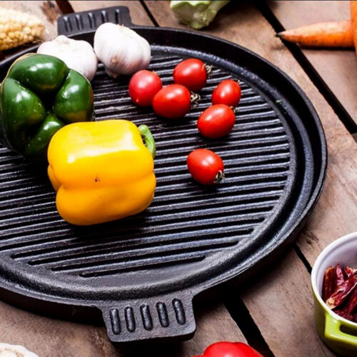 43cm Round Ribbed Cast Iron Frying Pan Skillet Steak Sizzle Platter with Handle - Image 10