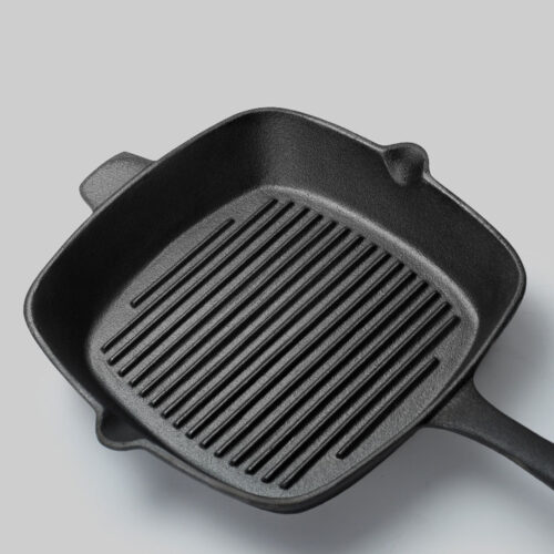 26cm Square Ribbed Cast Iron Frying Pan Skillet Steak Sizzle Platter with Handle - Image 2