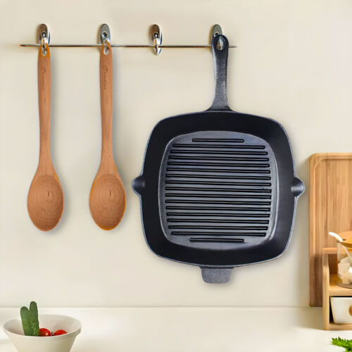 26cm Square Ribbed Cast Iron Frying Pan Skillet Steak Sizzle Platter with Handle - Image 8
