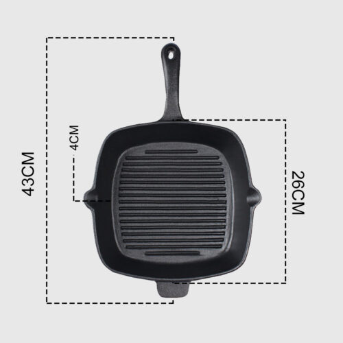 26cm Square Ribbed Cast Iron Frying Pan Skillet Steak Sizzle Platter with Handle - Image 10