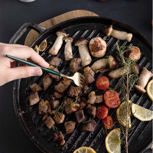 30cm Ribbed Cast Iron Frying Pan Skillet Coating Steak Sizzle Platter - Image 8