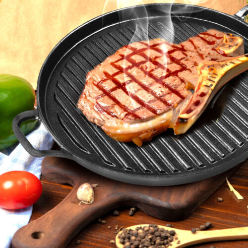 28cm Ribbed Cast Iron Frying Pan Skillet Coating Steak Sizzle Platter - Image 4