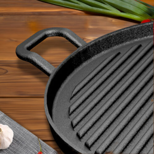 28cm Ribbed Cast Iron Frying Pan Skillet Coating Steak Sizzle Platter - Image 8