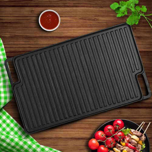 45cm Cast Iron Portable Fry BBQ Grill Plate Cooking Pan Tray with Handle - Image 2