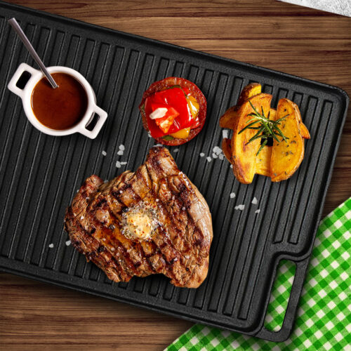 45cm Cast Iron Portable Fry BBQ Grill Plate Cooking Pan Tray with Handle - Image 4