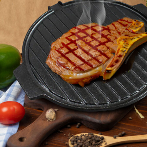 30CM Round Cast Iron Korean BBQ Grill Plate with Handles Drip Lip - Image 4