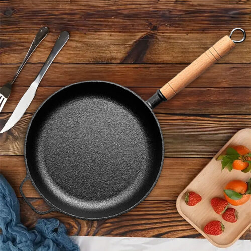 27cm Round Cast Iron Frying Pan Skillet Steak Sizzle Platter with Helper Handle - Image 2