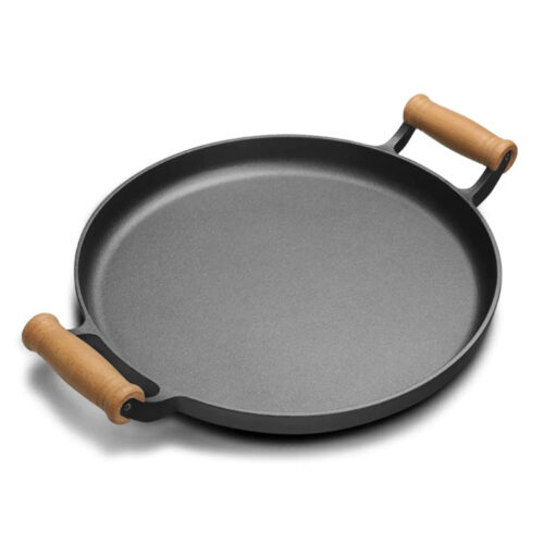 31cm Cast Iron Frying Pan Skillet Steak Sizzle Fry Platter with Wooden Handle No Lid