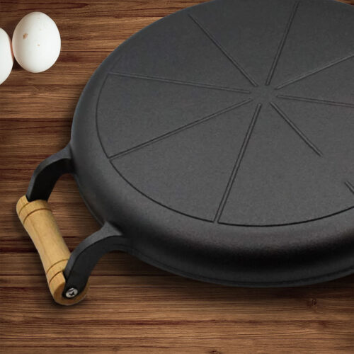 31cm Cast Iron Frying Pan Skillet Steak Sizzle Fry Platter with Wooden Handle No Lid - Image 4