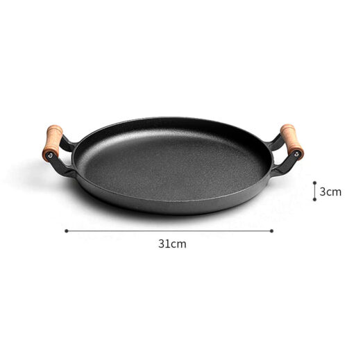 31cm Cast Iron Frying Pan Skillet Steak Sizzle Fry Platter with Wooden Handle No Lid - Image 5