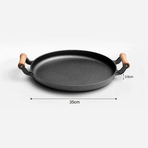 35cm Cast Iron Frying Pan Skillet Steak Sizzle Fry Platter with Wooden Handle No Lid - Image 5