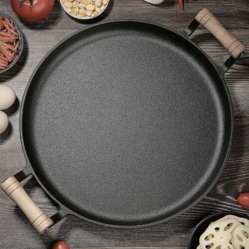 35cm Cast Iron Frying Pan Skillet Steak Sizzle Fry Platter with Wooden Handle No Lid - Image 9