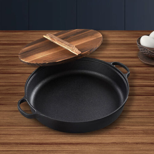 29cm Round Cast Iron Pre-seasoned Deep Baking Pizza Frying Pan Skillet with Wooden Lid - Image 2