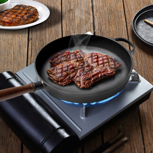 29cm Round Cast Iron Frying Pan Skillet Steak Sizzle Platter with Helper Handle - Image 7