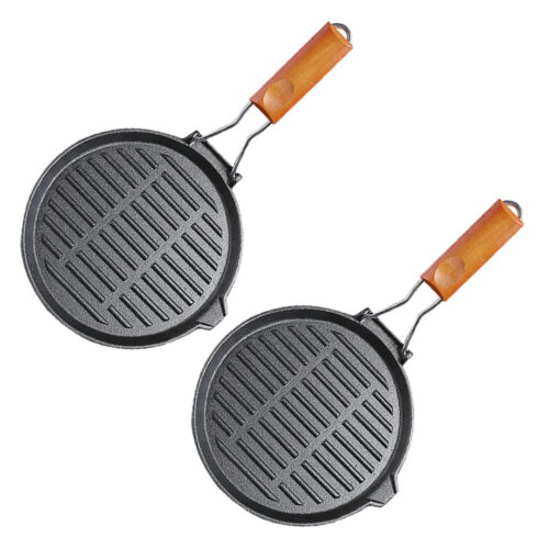 2x 24cm Round Ribbed Cast Iron Steak Frying Grill Skillet Pan with Folding Wooden Handle