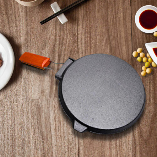 2x 24cm Round Ribbed Cast Iron Steak Frying Grill Skillet Pan with Folding Wooden Handle - Image 4