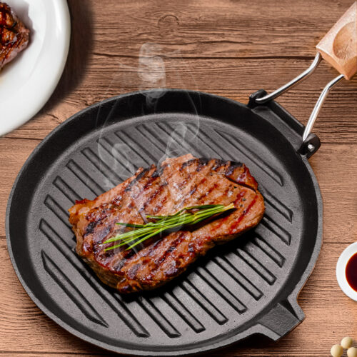 2x 24cm Round Ribbed Cast Iron Steak Frying Grill Skillet Pan with Folding Wooden Handle - Image 5