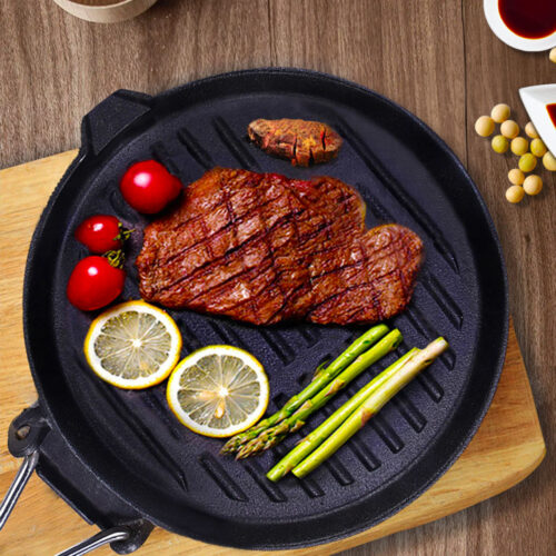 2x 24cm Round Ribbed Cast Iron Steak Frying Grill Skillet Pan with Folding Wooden Handle - Image 6
