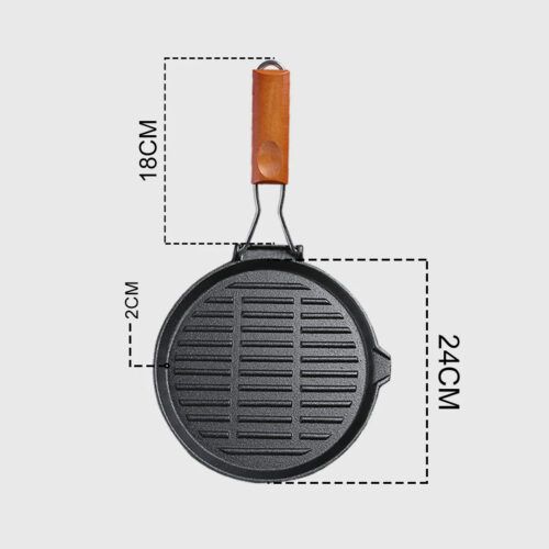 2x 24cm Round Ribbed Cast Iron Steak Frying Grill Skillet Pan with Folding Wooden Handle - Image 7