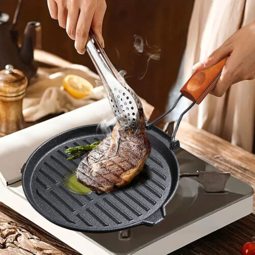 2x 24cm Round Ribbed Cast Iron Steak Frying Grill Skillet Pan with Folding Wooden Handle - Image 8