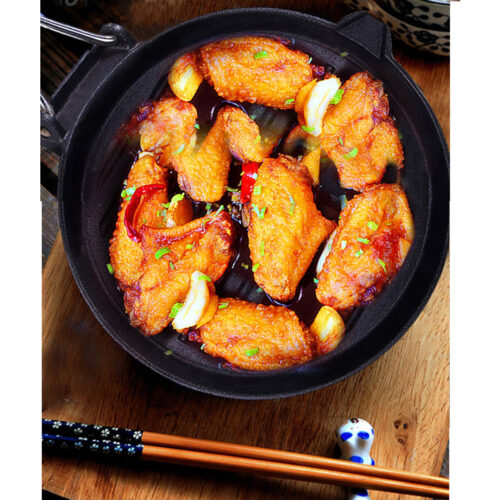 2x 24cm Round Ribbed Cast Iron Steak Frying Grill Skillet Pan with Folding Wooden Handle - Image 10