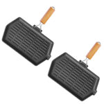 2x Cast Iron Griddle Grill Frying Pan with Folding Wooden Handle