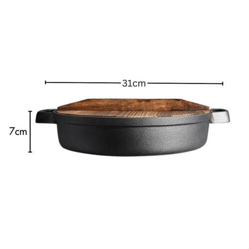 31cm Round Cast Iron Pre-seasoned Deep Baking Pizza Frying Pan Skillet with Wooden Lid - Image 6