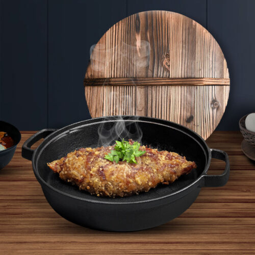 31cm Round Cast Iron Pre-seasoned Deep Baking Pizza Frying Pan Skillet with Wooden Lid - Image 7