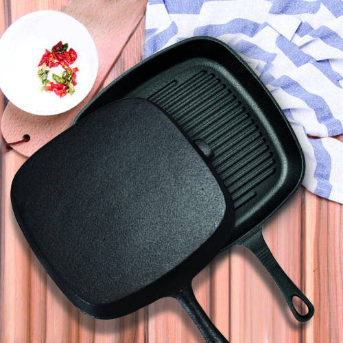 2x 23.5cm Square Ribbed Cast Iron Frying Pan Skillet Steak Sizzle Platter with Handle
