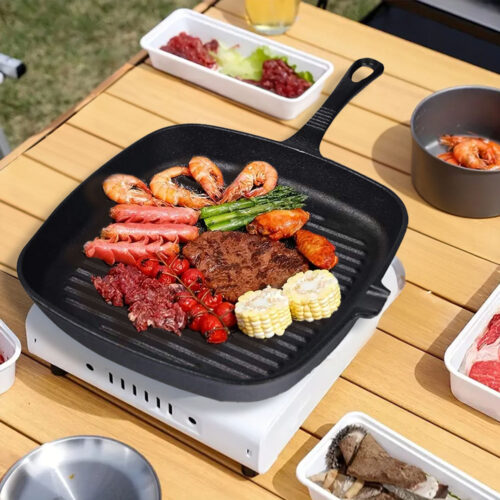 2x 23.5cm Square Ribbed Cast Iron Frying Pan Skillet Steak Sizzle Platter with Handle - Image 2