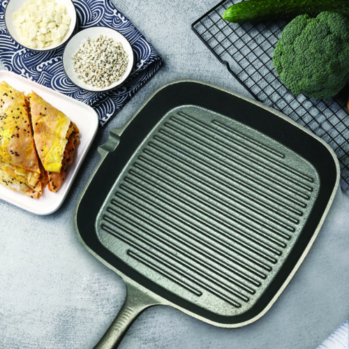 2x 23.5cm Square Ribbed Cast Iron Frying Pan Skillet Steak Sizzle Platter with Handle - Image 3